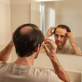 Man examining hairline in mirror
